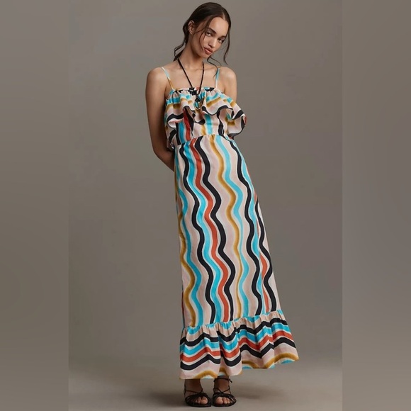 NWT Farm Rio Sleeveless Ruffle Colorful Waves Maxi Sundress, Size XL - Picture 1 of 13